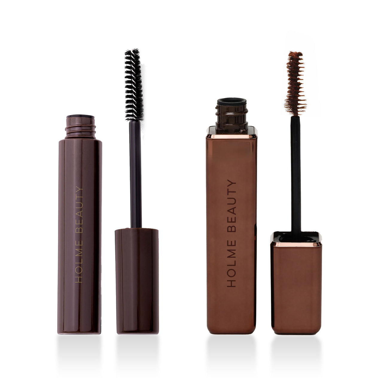Holme Beauty mascara and brow products on a white background